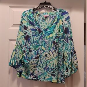 Lilly Pulitzer Women's Tropical Print Blouse Blue Green Flounce Sleeves Size S
